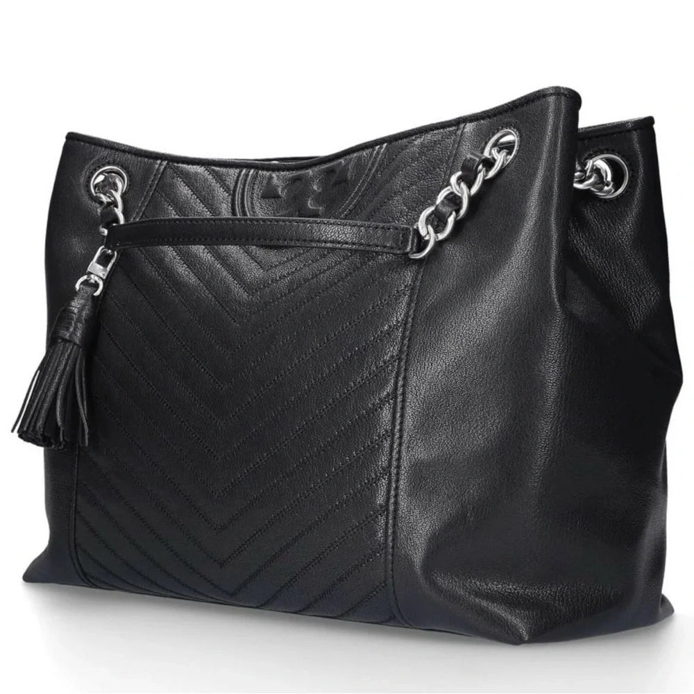 Tory Burch Black Fleming Distressed Leather Chain Tote Purse Bag - Picture 6 of 9